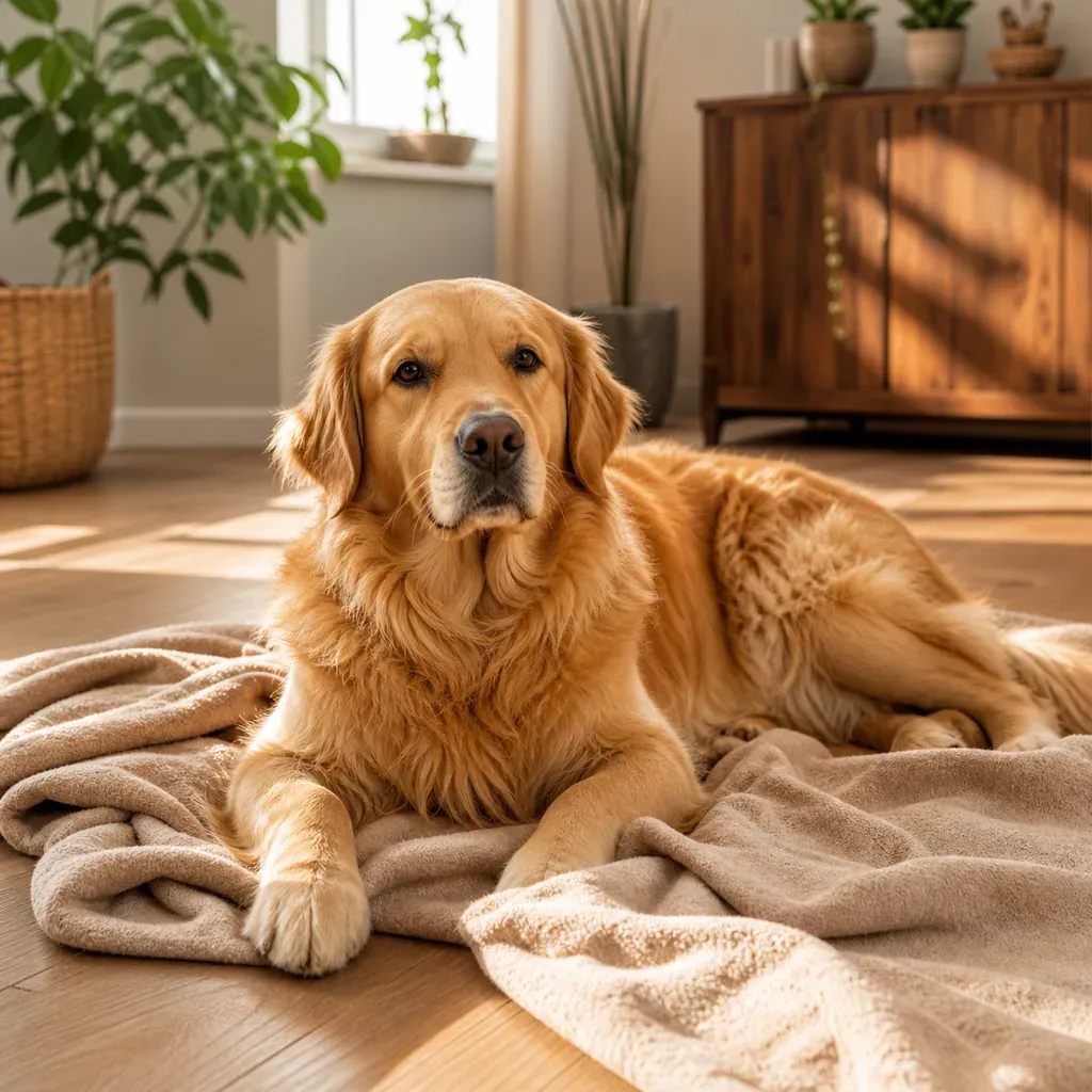 Gesunder Golden Retriever auf Decke in sonnigem Wohnzimmer