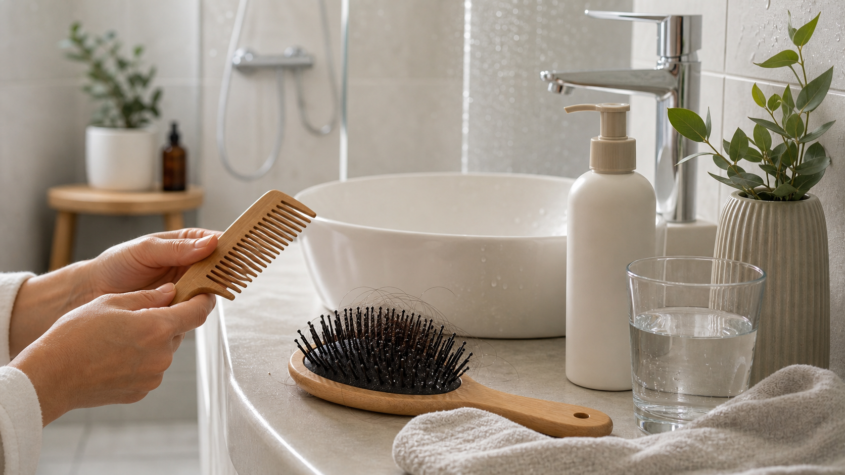Helles Badezimmer mit Holzkamm, Haarbuerste, Wasser und milder unbeschrifteter Shampoo-Flasche