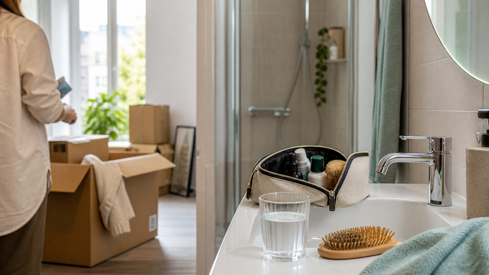 Helles Badezimmer in einer neuen Wohnung mit Umzugskarton, Haarbuerste und Wasser am Waschbecken