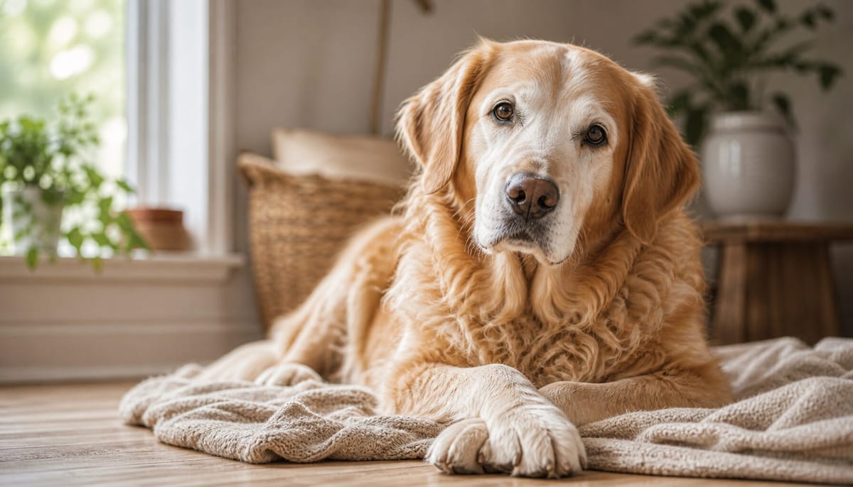 Aelterer Golden Retriever ruht entspannt auf einer beigen Decke