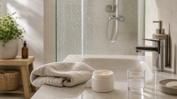 Helles Badezimmer mit Handtuch, Wasser, Pflegecreme und beschlagenem Duschglas