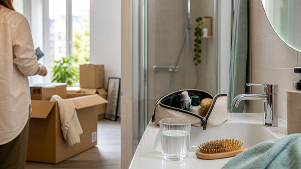 Helles Badezimmer in einer neuen Wohnung mit Umzugskarton, Haarbuerste und Wasser am Waschbecken